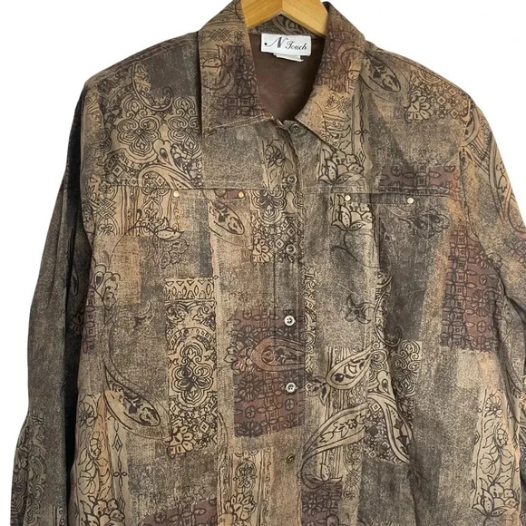 Vintage N Touch Brown Button Up Shirt Jacket Microfiber Patchwork Paisley XL - Picture 2 of 8